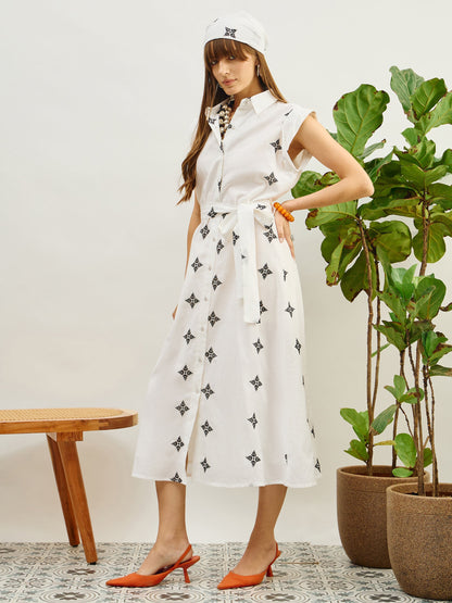Women White Embroidered Button Down Midi Dress