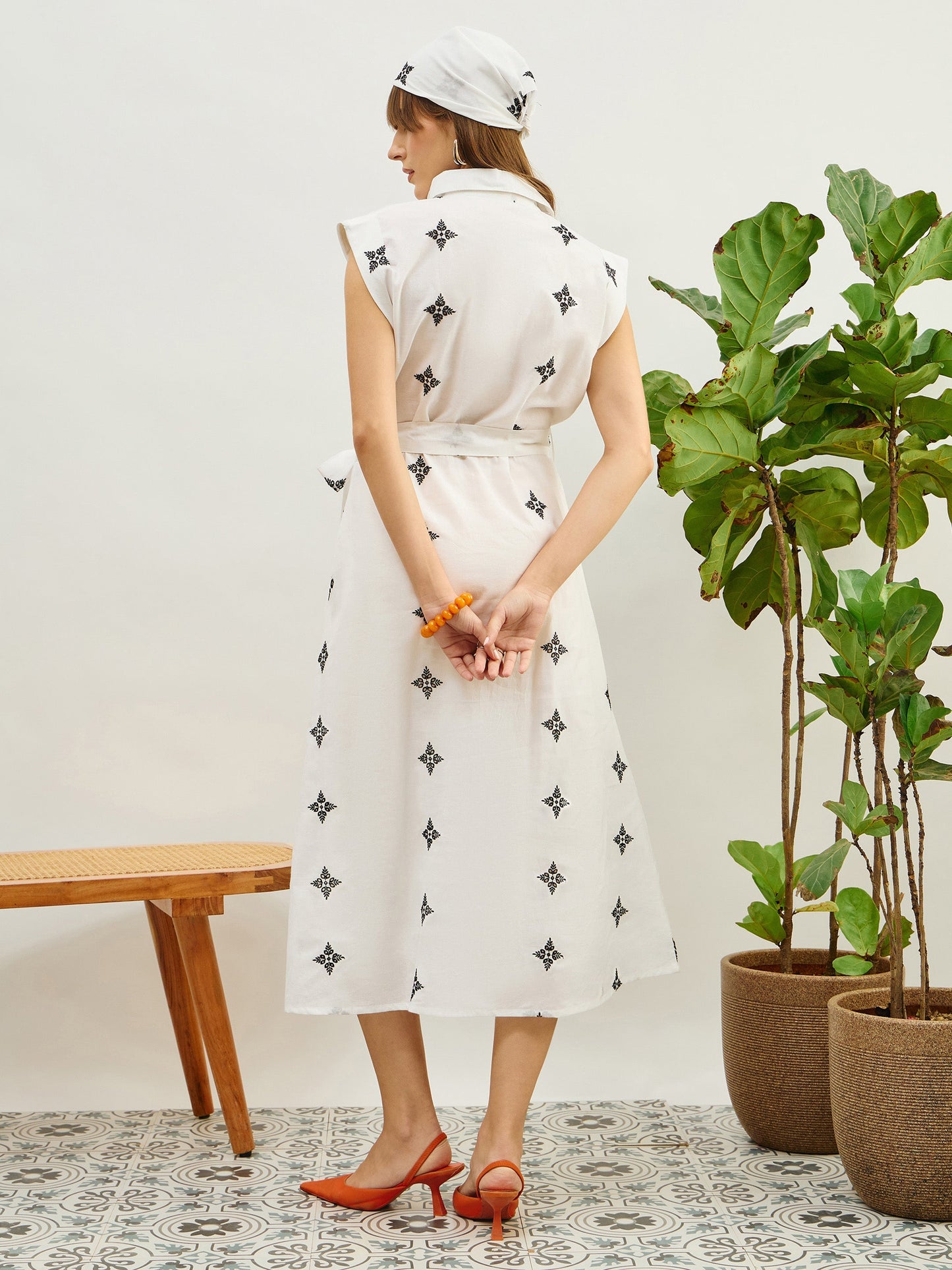 Women White Embroidered Button Down Midi Dress