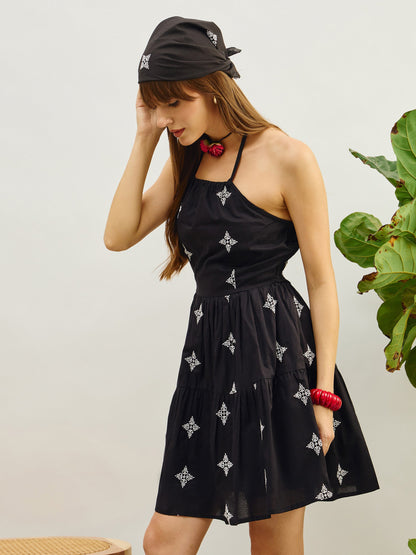 Women Black Embroidered Strappy Short Dress