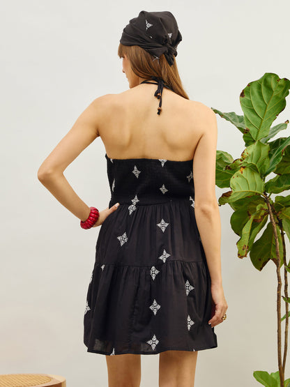 Women Black Embroidered Strappy Short Dress