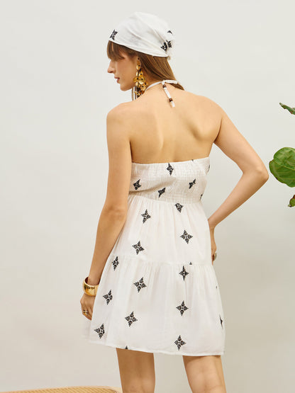 Women White Embroidered Strappy Short Dress