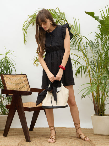 Women Black Schiffli Frill Sleeves Short Dress