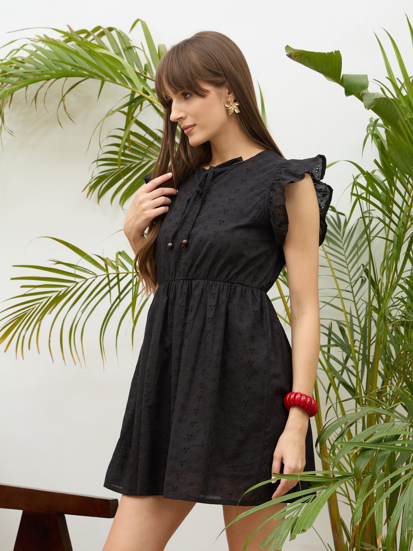Women Black Schiffli Frill Sleeves Short Dress