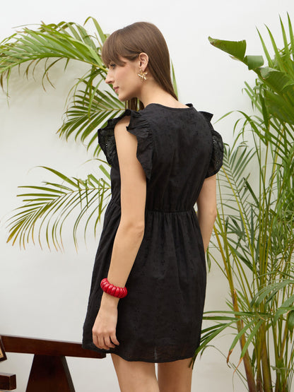 Women Black Schiffli Frill Sleeves Short Dress
