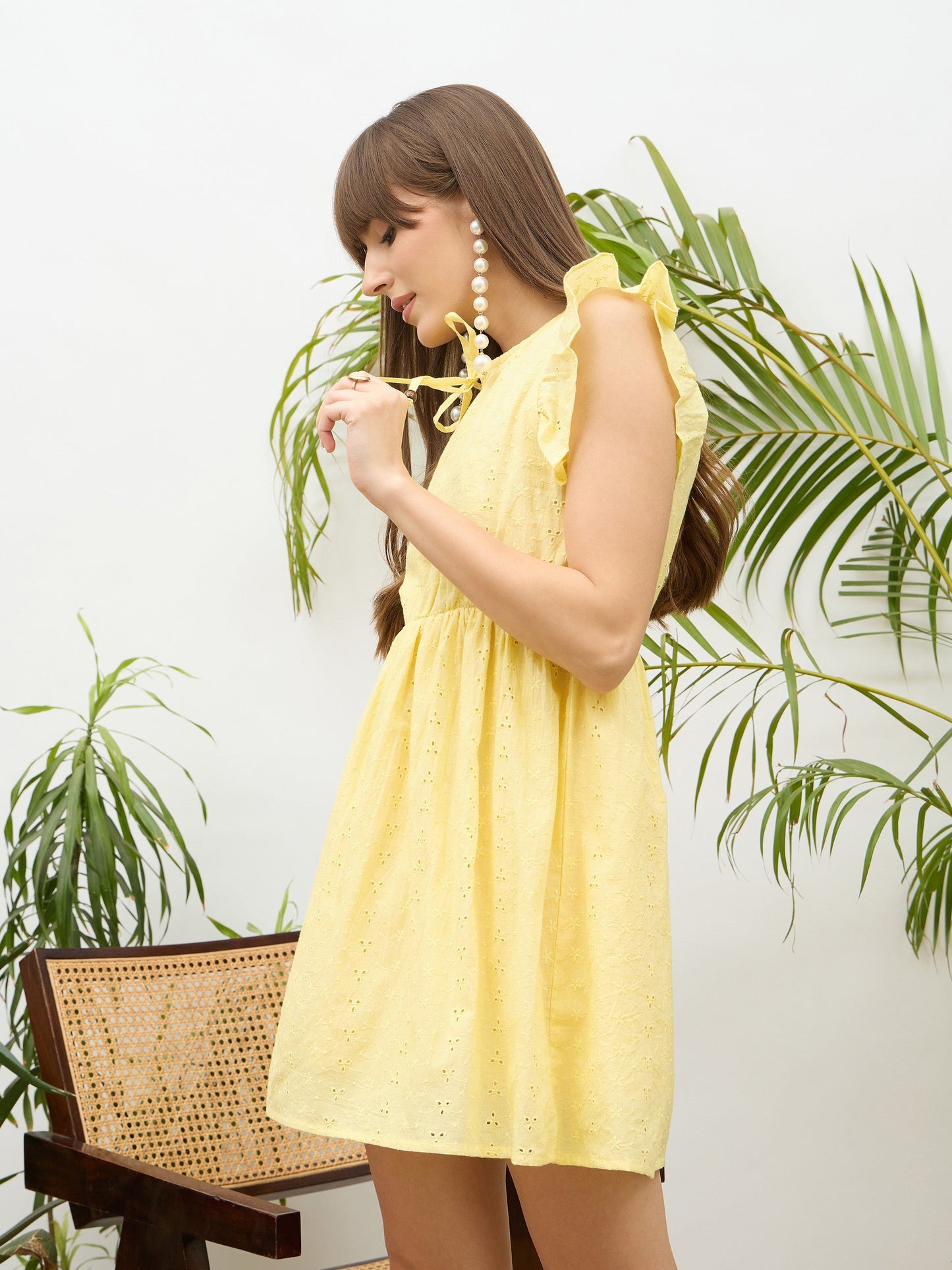 Women Yellow Schiffli Frill Sleeves Short Dress