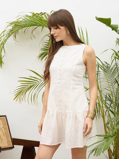 Women White Schiffli Sleeveless Gathered  Short Dress