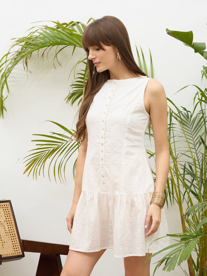 Women White Schiffli Sleeveless Gathered  Short Dress