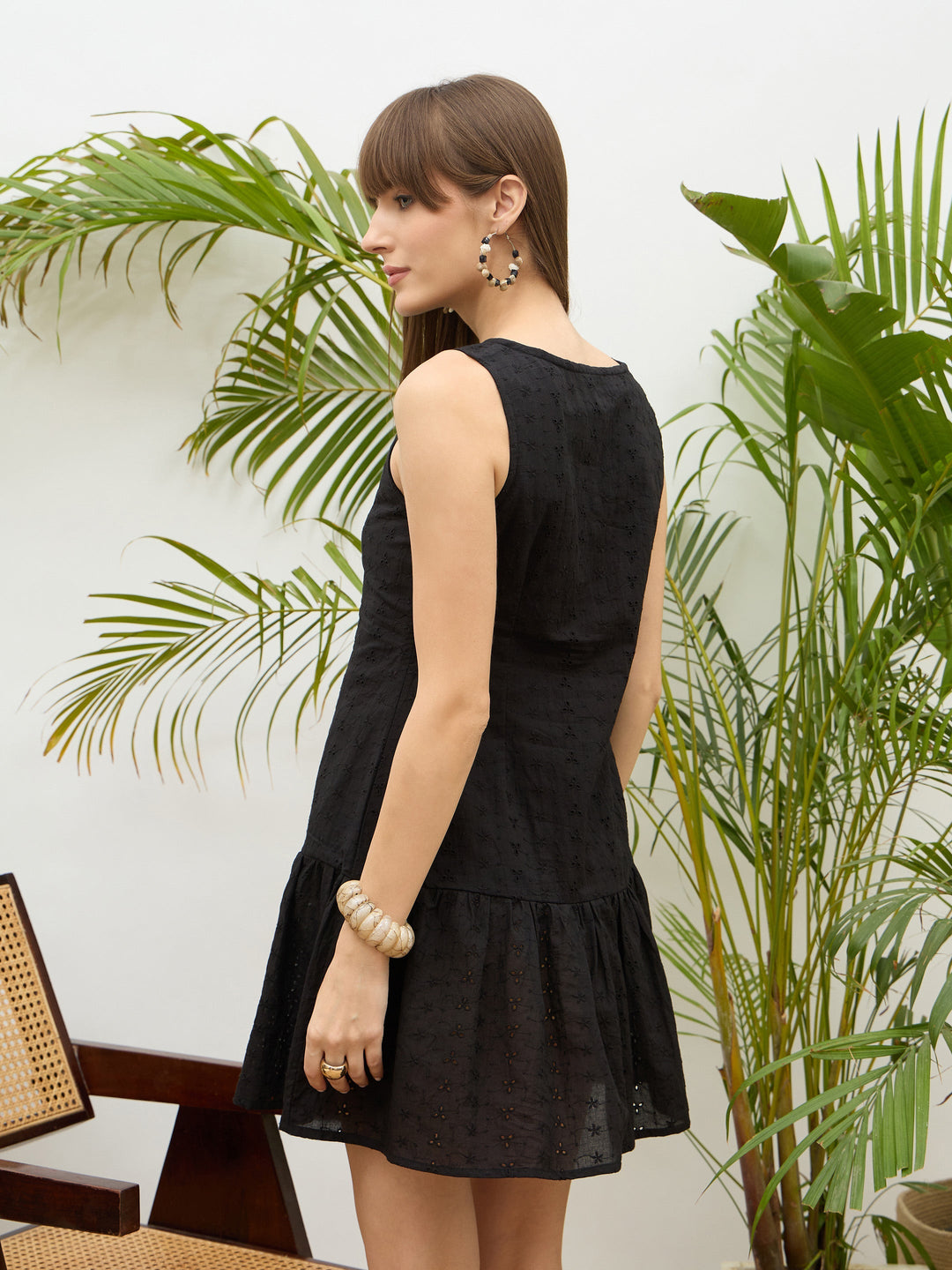 Women Black Schiffli Sleeveless Gathered Short Dress