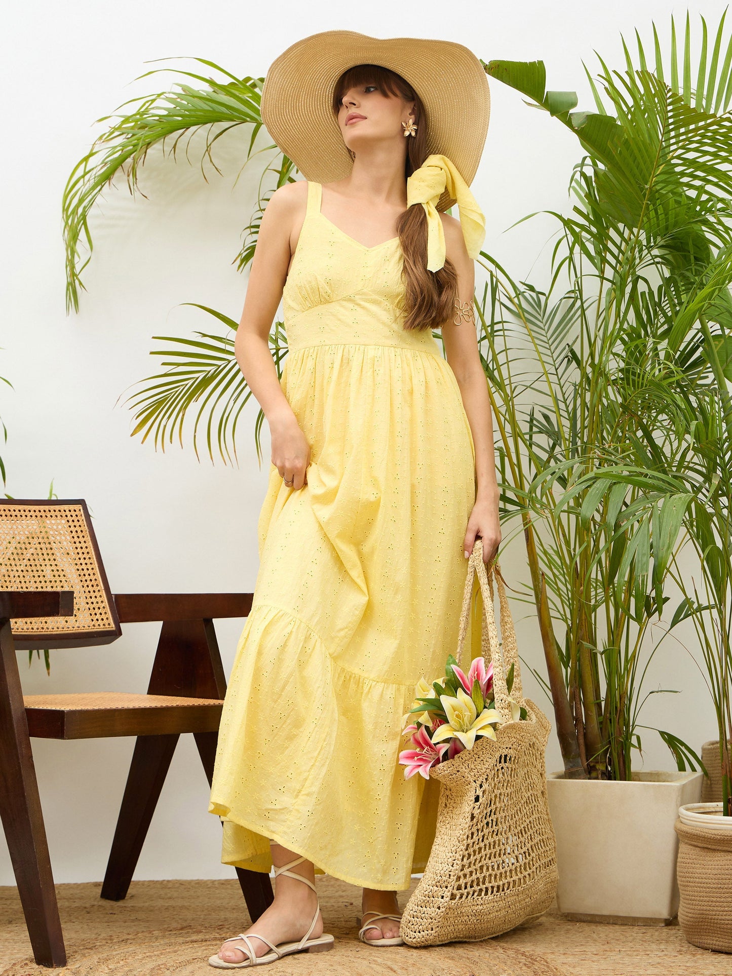 Women Yellow Sweetheart Neck Strappy Maxi Dress