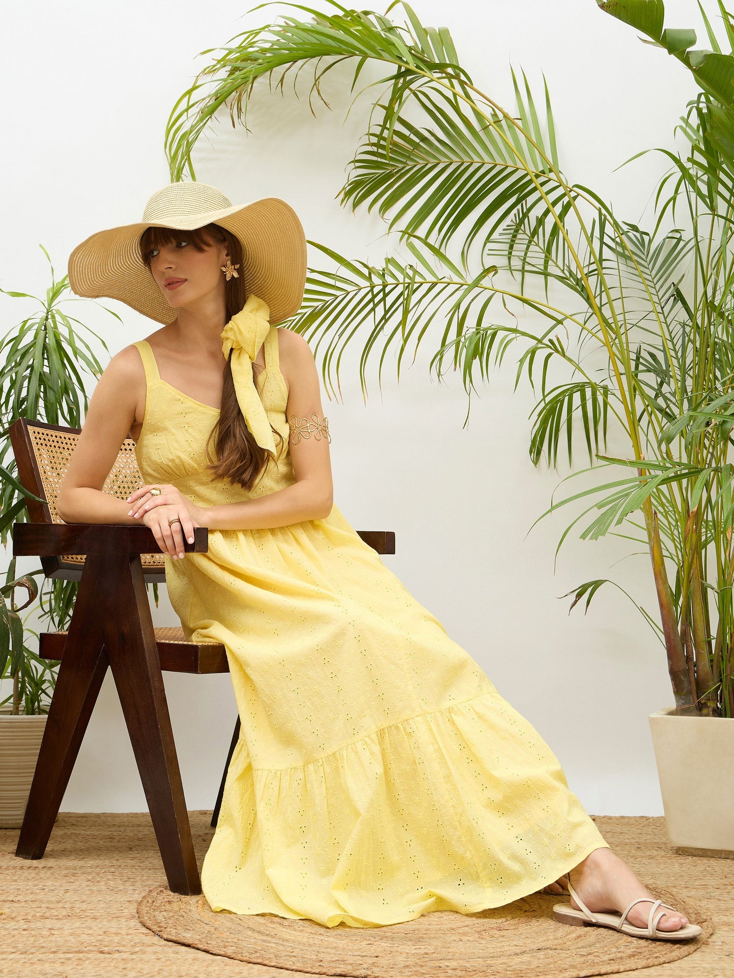 Women Yellow Sweetheart Neck Strappy Maxi Dress