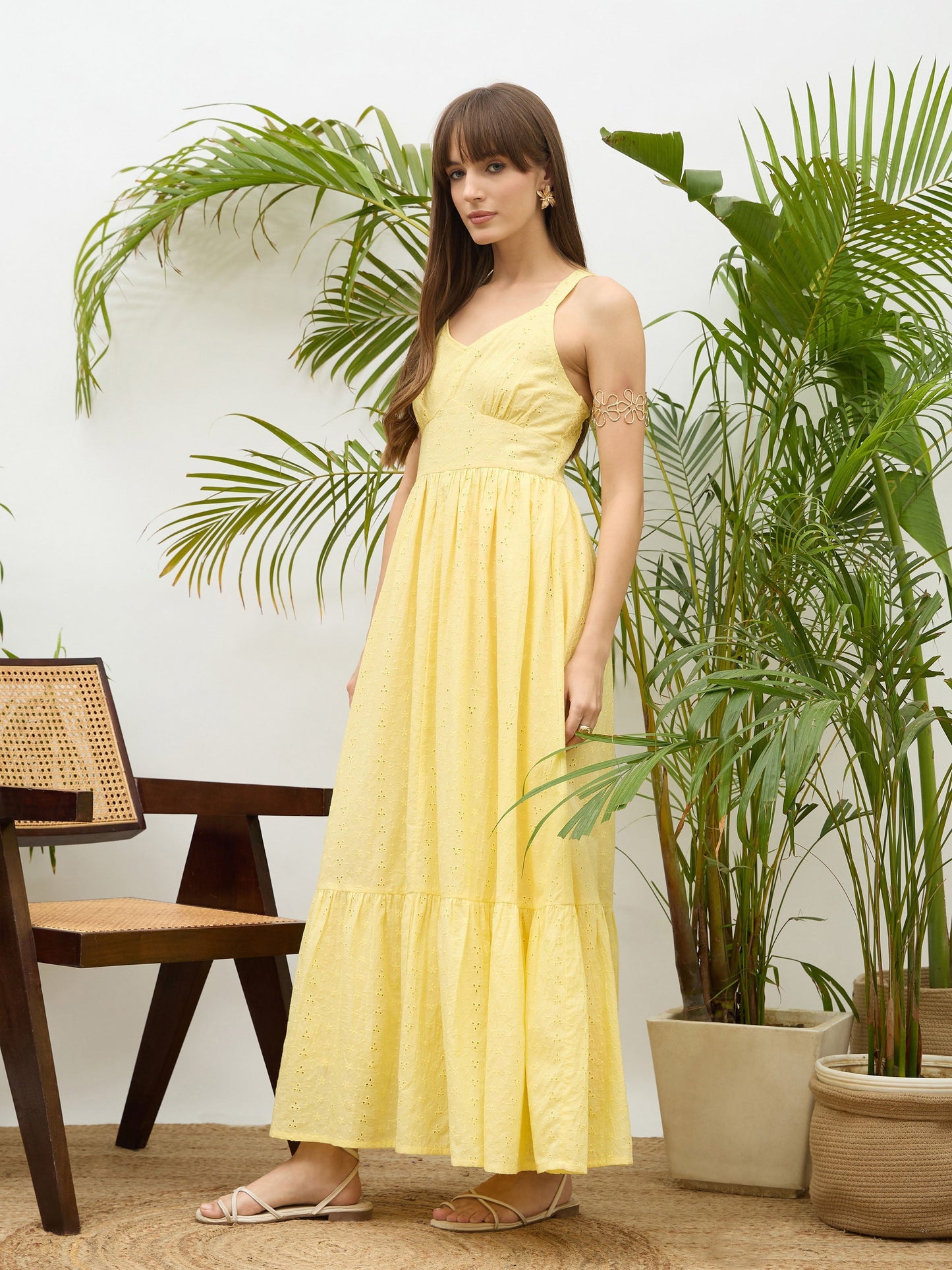 Women Yellow Sweetheart Neck Strappy Maxi Dress