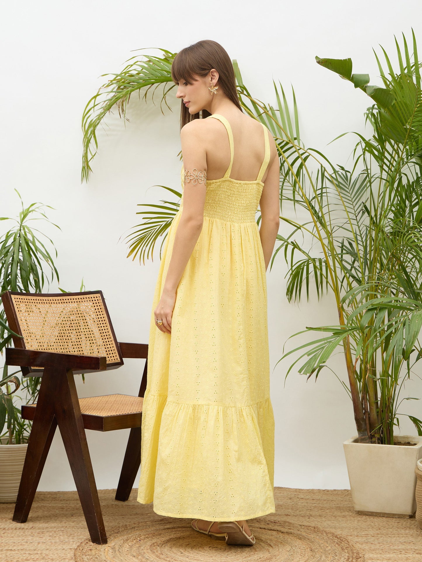 Women Yellow Sweetheart Neck Strappy Maxi Dress