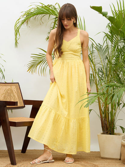 Women Yellow Sweetheart Neck Strappy Maxi Dress