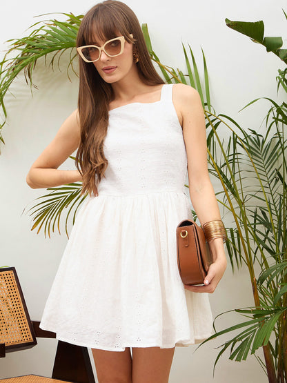 Women White Square Neck Strappy Short Dress