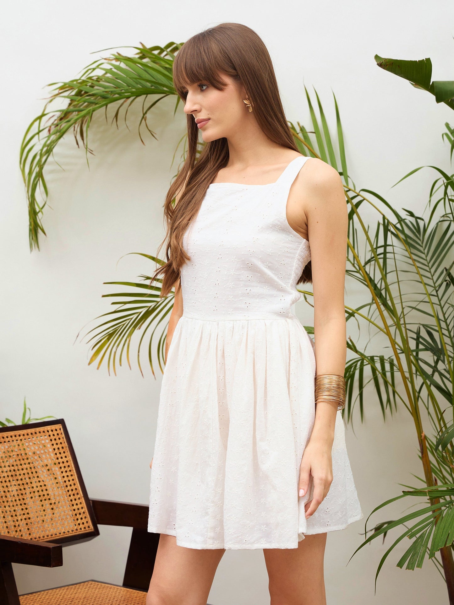 Women White Square Neck Strappy Short Dress