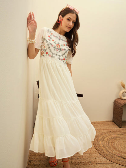Women White Solid Tiered Maxi Dress