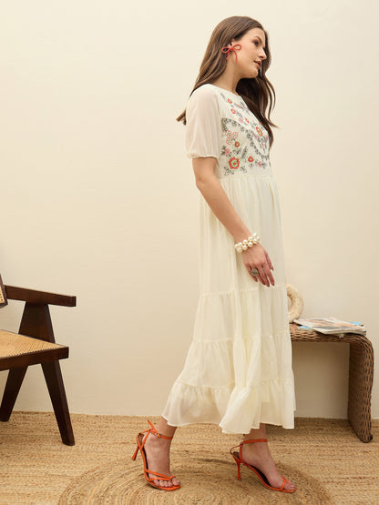 Women White Solid Tiered Maxi Dress