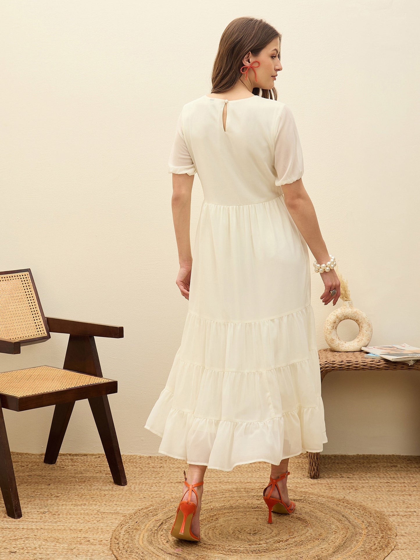 Women White Solid Tiered Maxi Dress