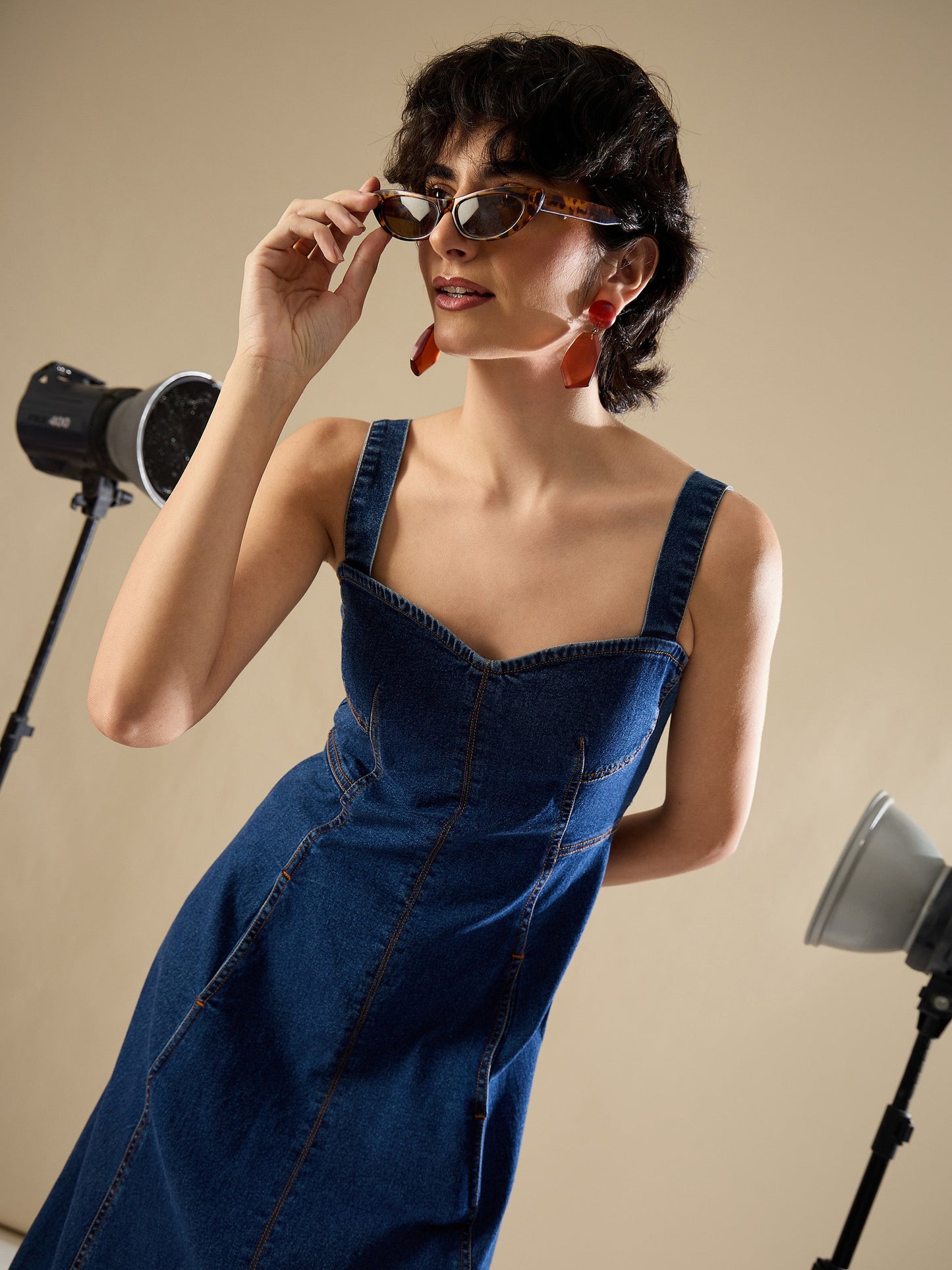 Women Navy Denim Strappy A-Line Midi Dress