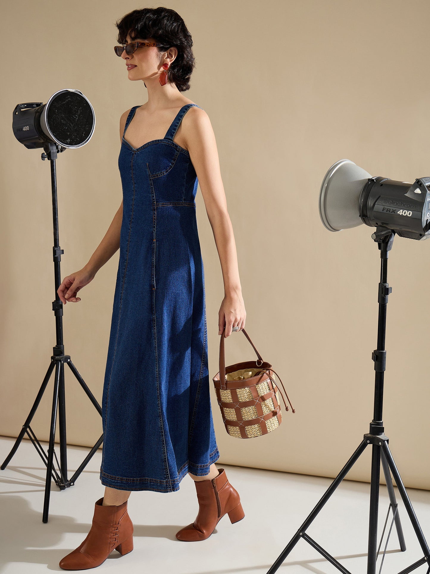 Women Navy Denim Strappy A-Line Midi Dress