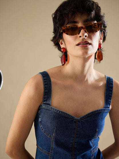 Women Navy Denim Strappy A-Line Midi Dress