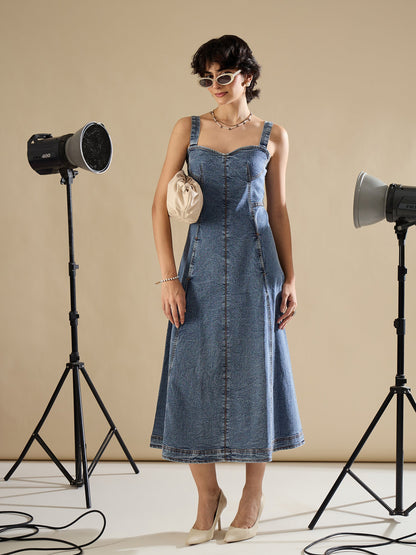 Women Blue Wash Denim Strappy A-Line Midi Dress