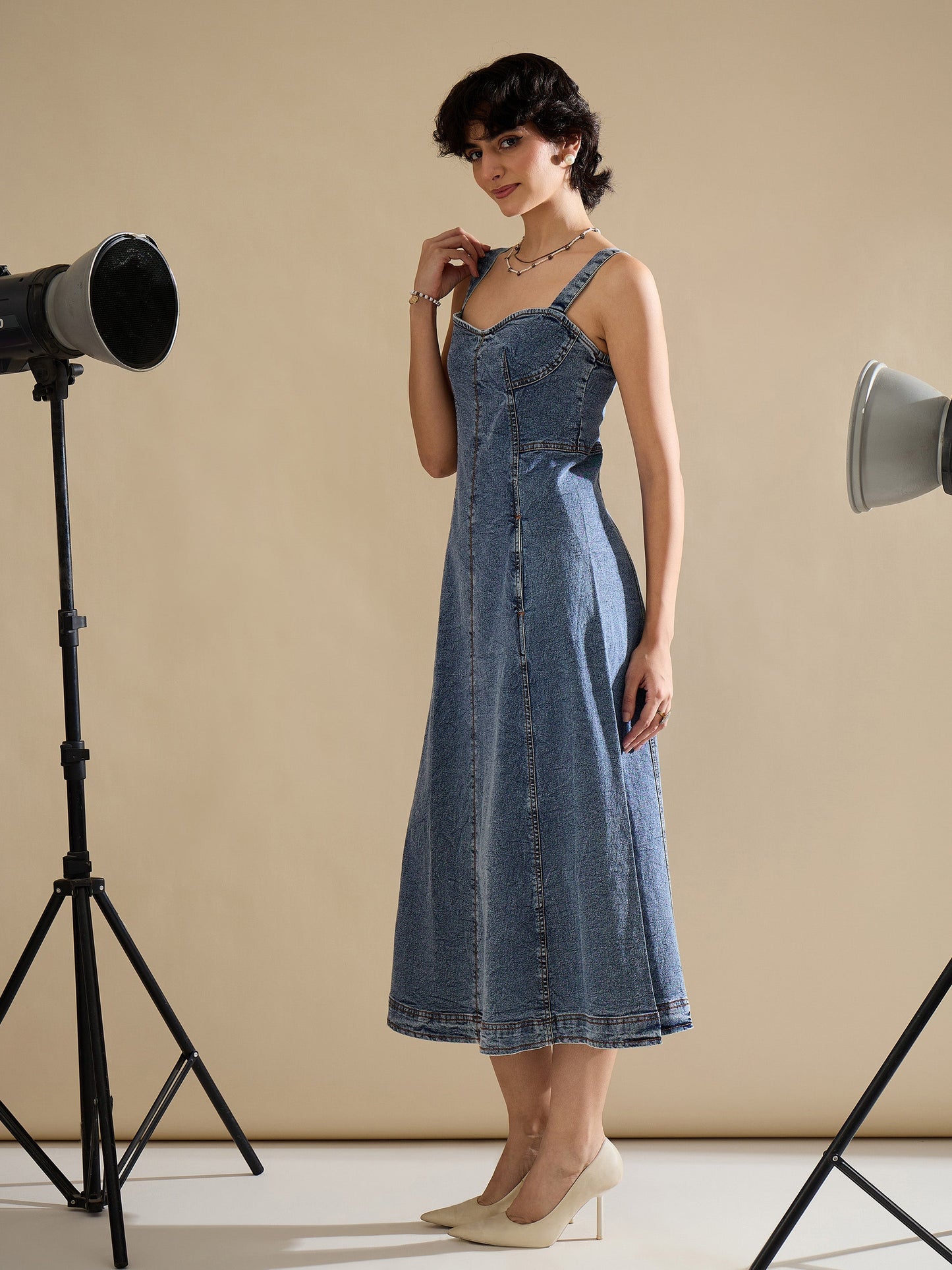 Women Blue Wash Denim Strappy A-Line Midi Dress