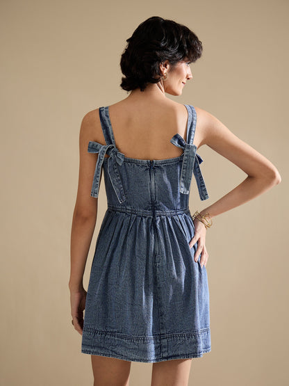 Blue Wash Denim Strappy Short Dress