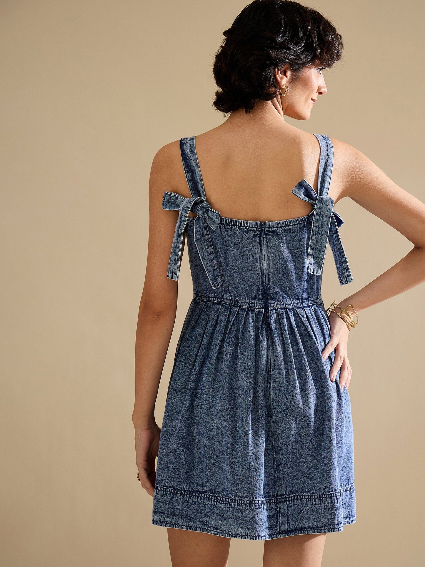 Blue Wash Denim Strappy Short Dress