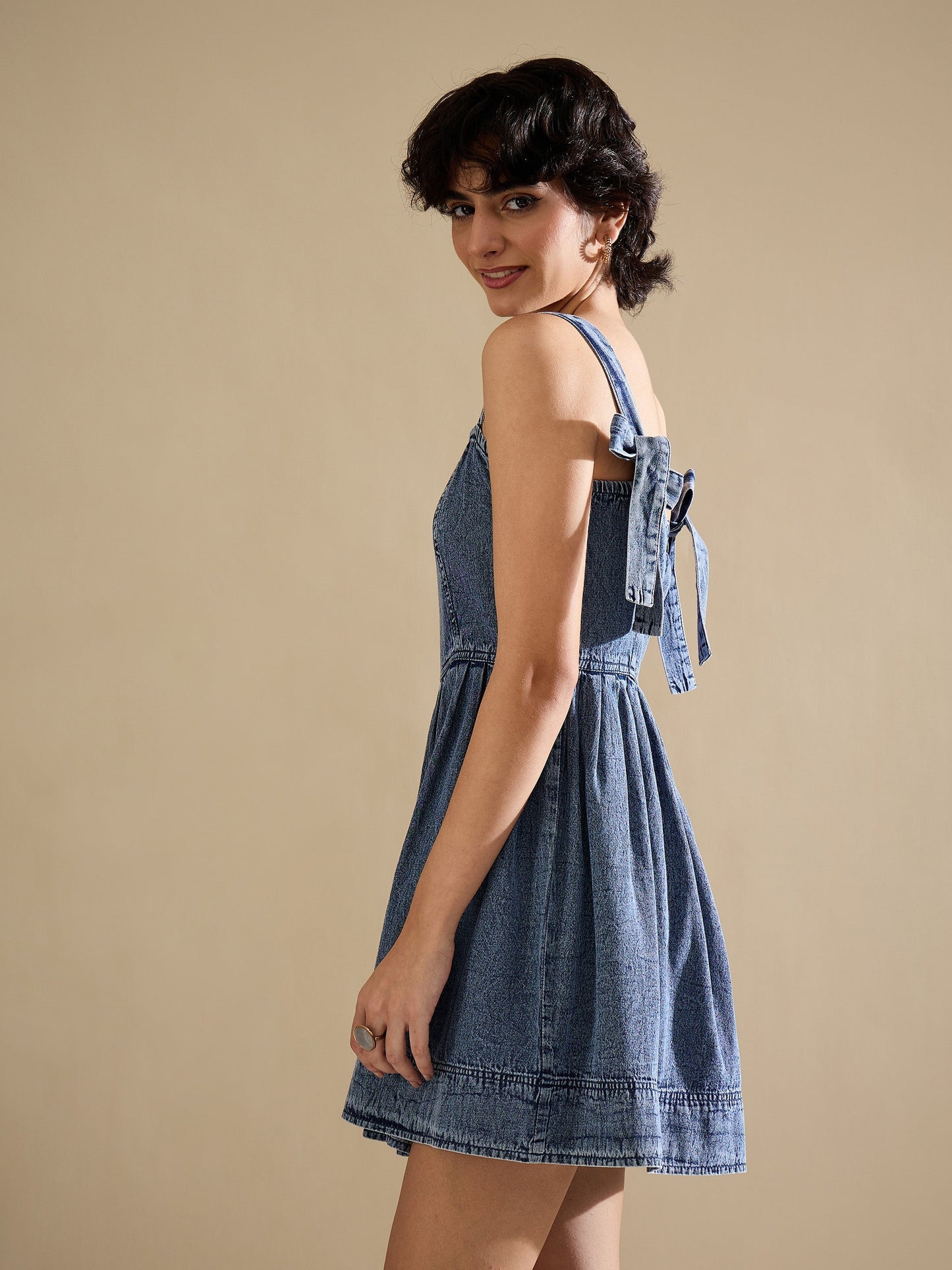Blue Wash Denim Strappy Short Dress