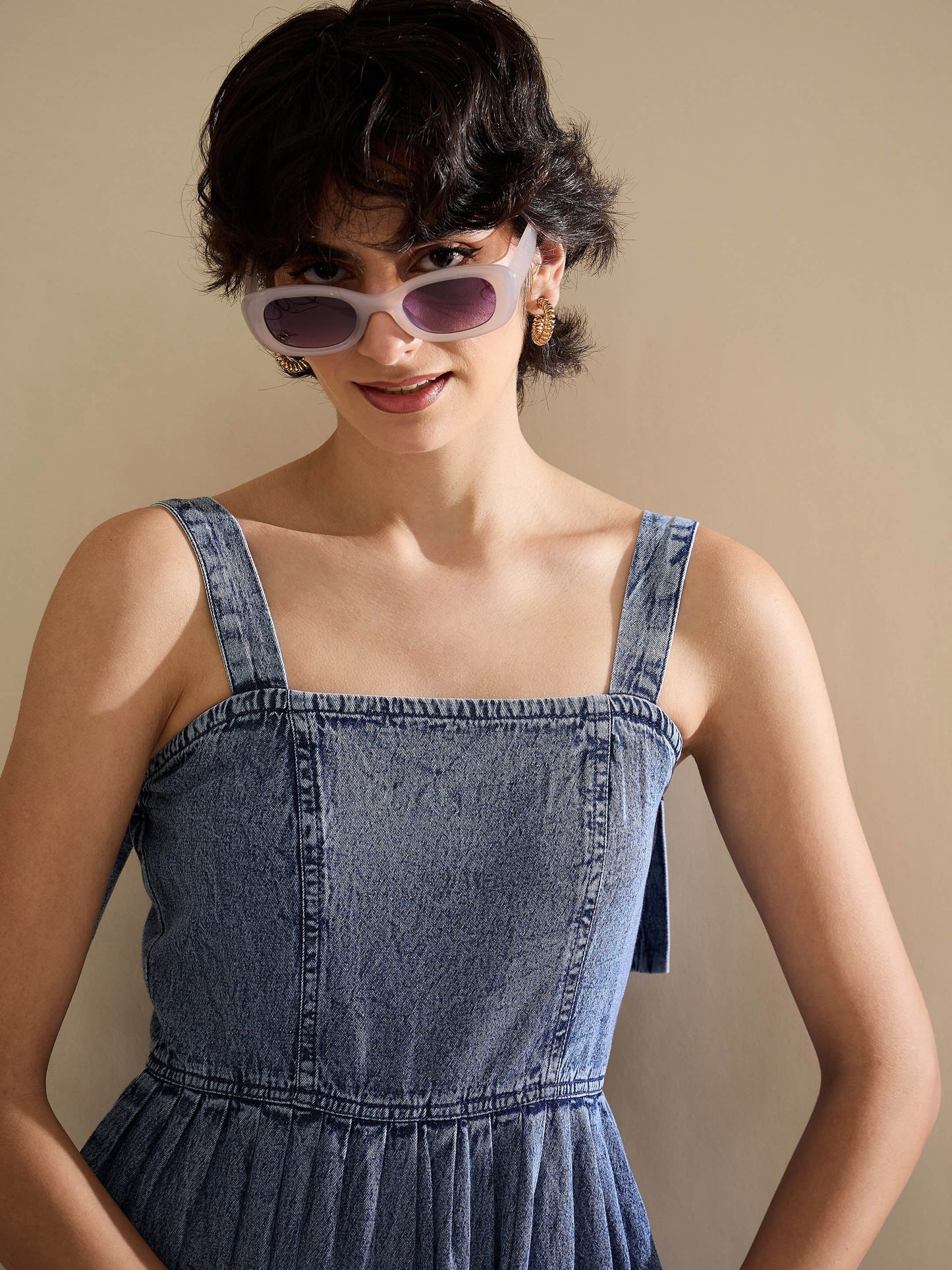 Blue Wash Denim Strappy Short Dress