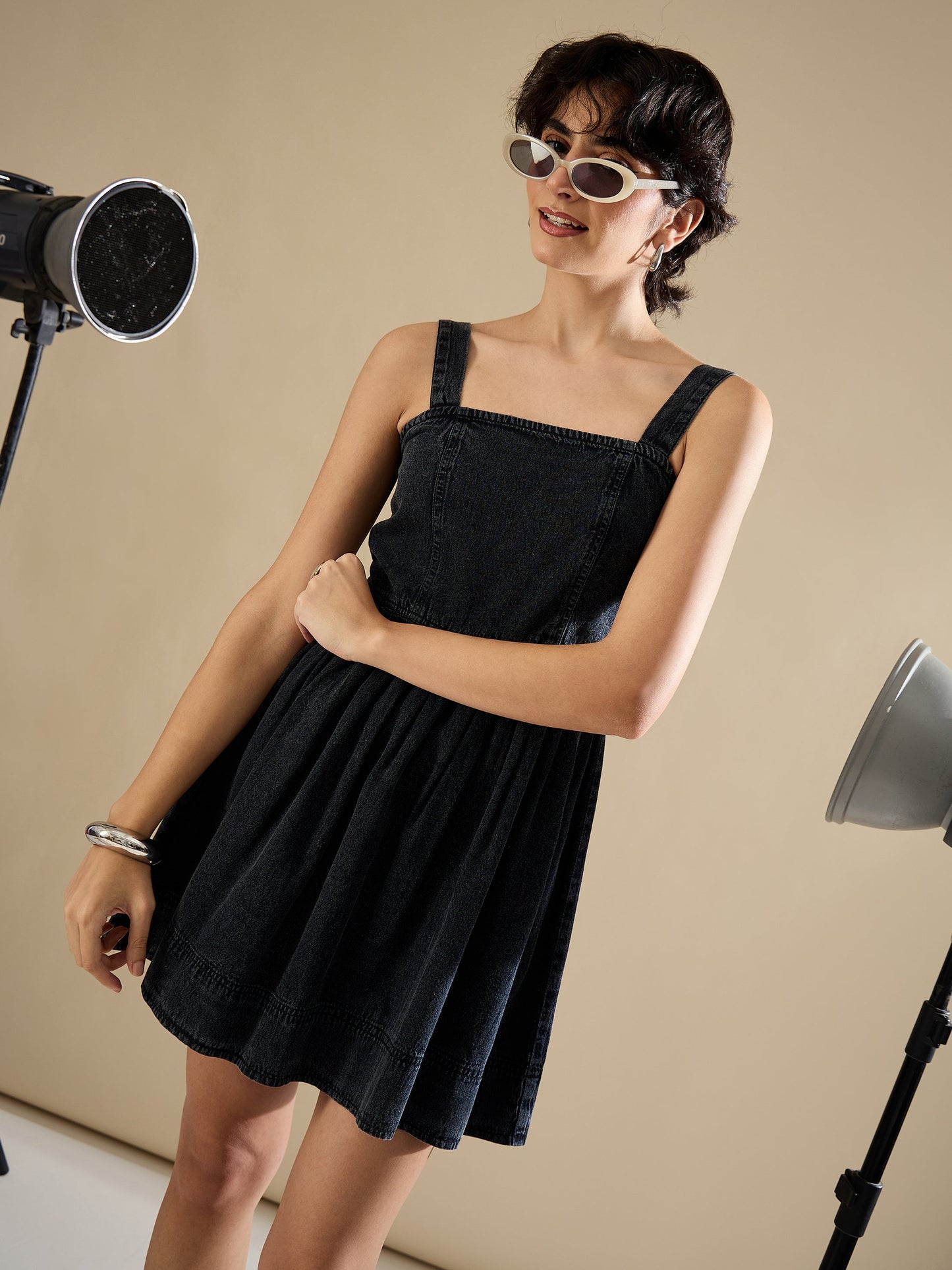 Black Wash Denim Strappy Short Dress