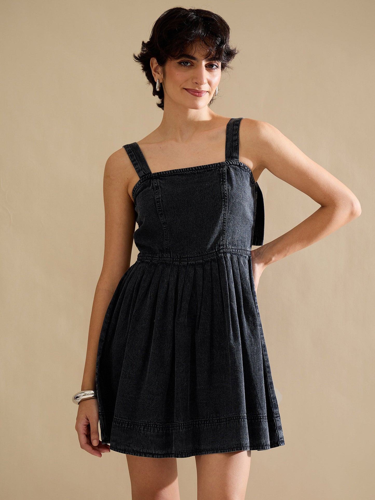 Black Wash Denim Strappy Short Dress
