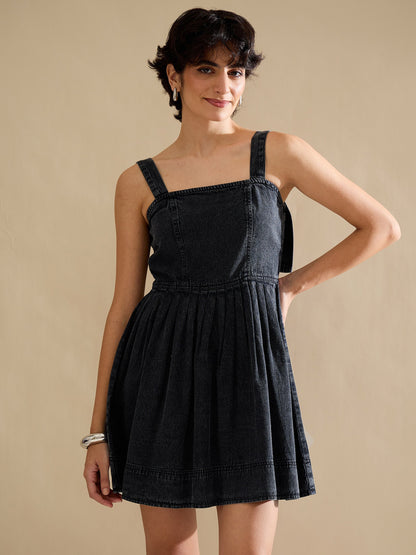 Black Wash Denim Strappy Short Dress