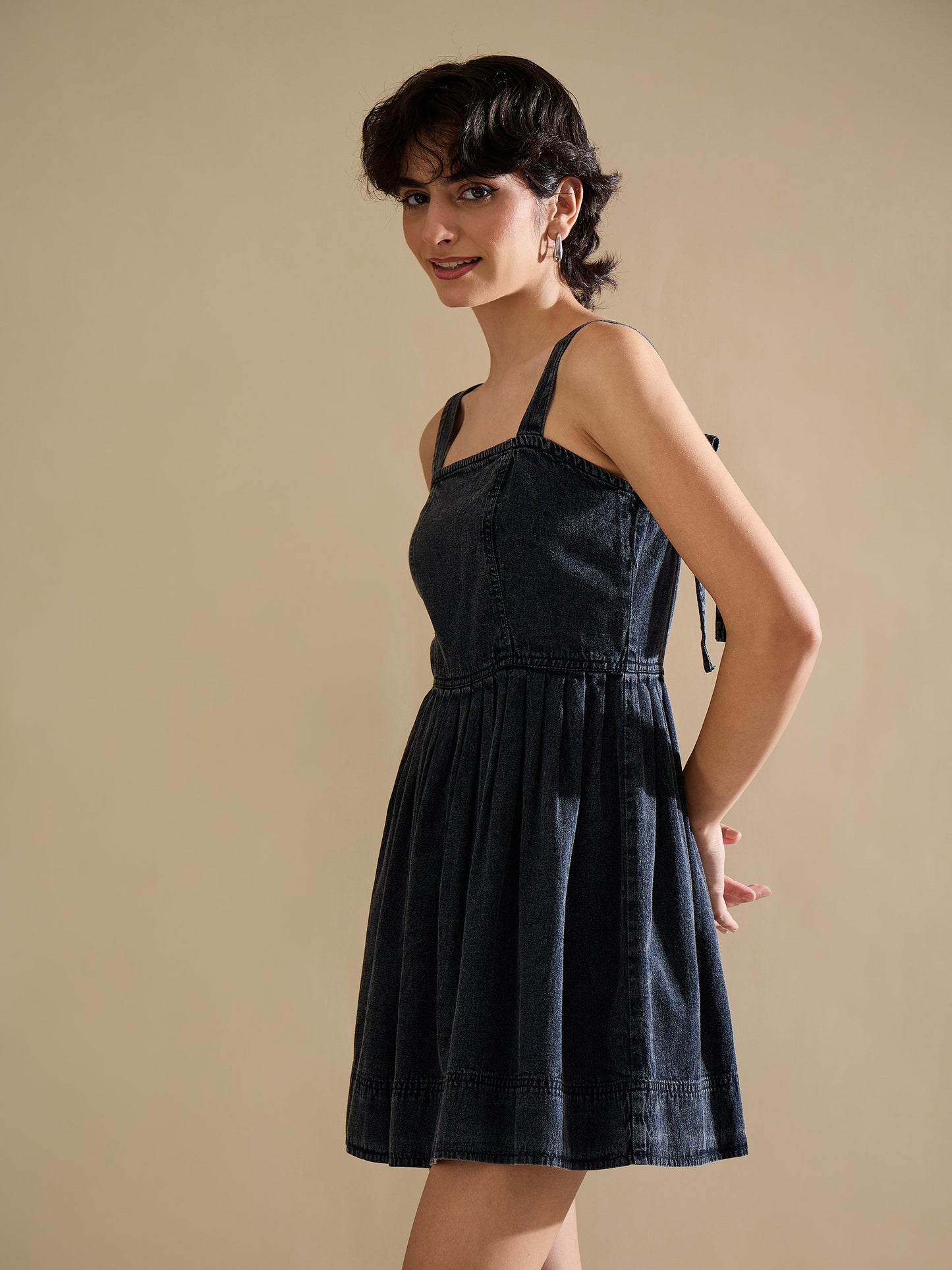 Black Wash Denim Strappy Short Dress