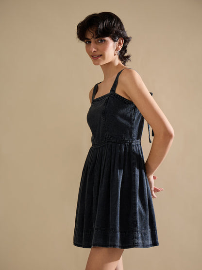 Black Wash Denim Strappy Short Dress