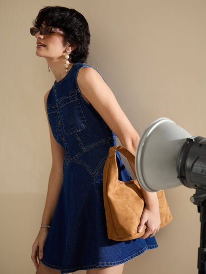 Women Navy Denim Round Neck Short Dress