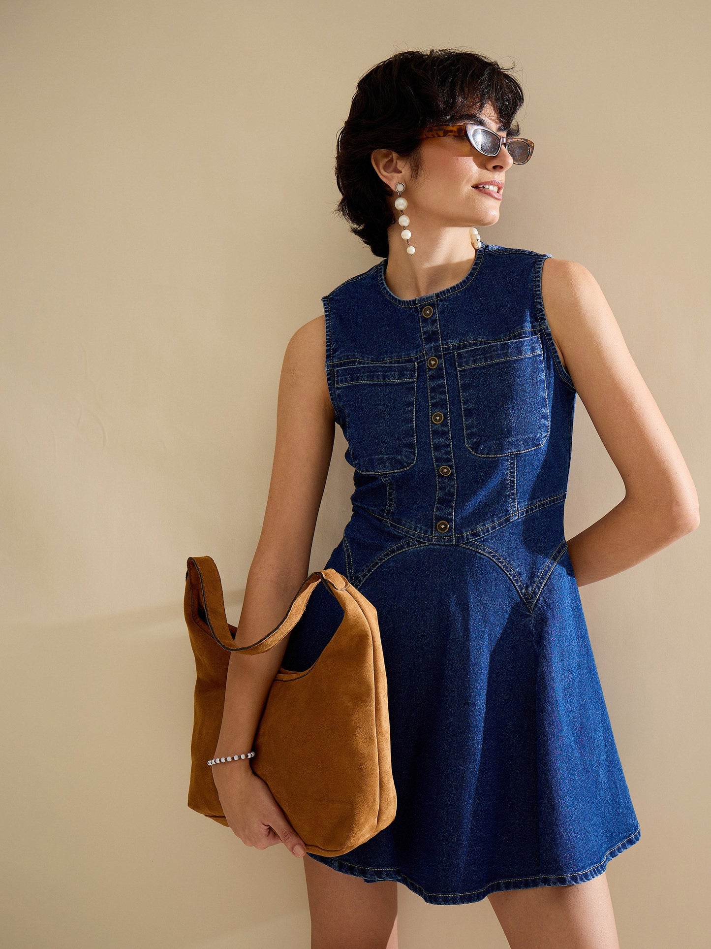 Women Navy Denim Round Neck Short Dress