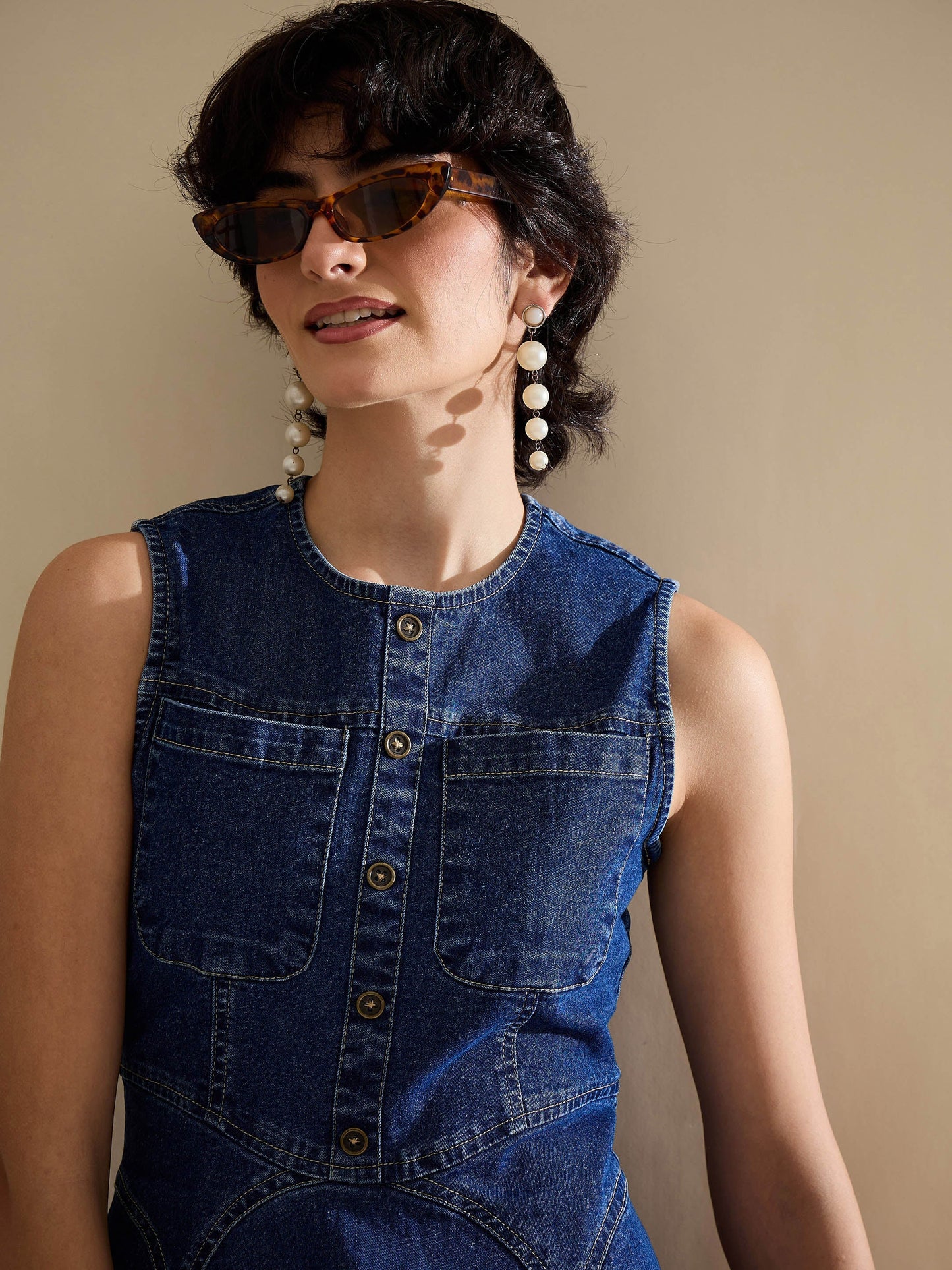 Women Navy Denim Round Neck Short Dress