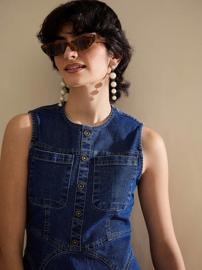 Women Navy Denim Round Neck Short Dress