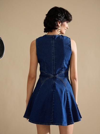 Women Navy Denim Round Neck Short Dress