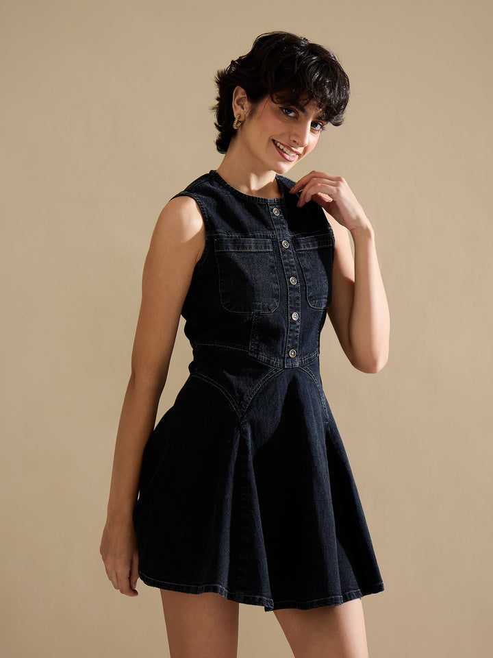 Women Black Denim Round Neck Short Dress
