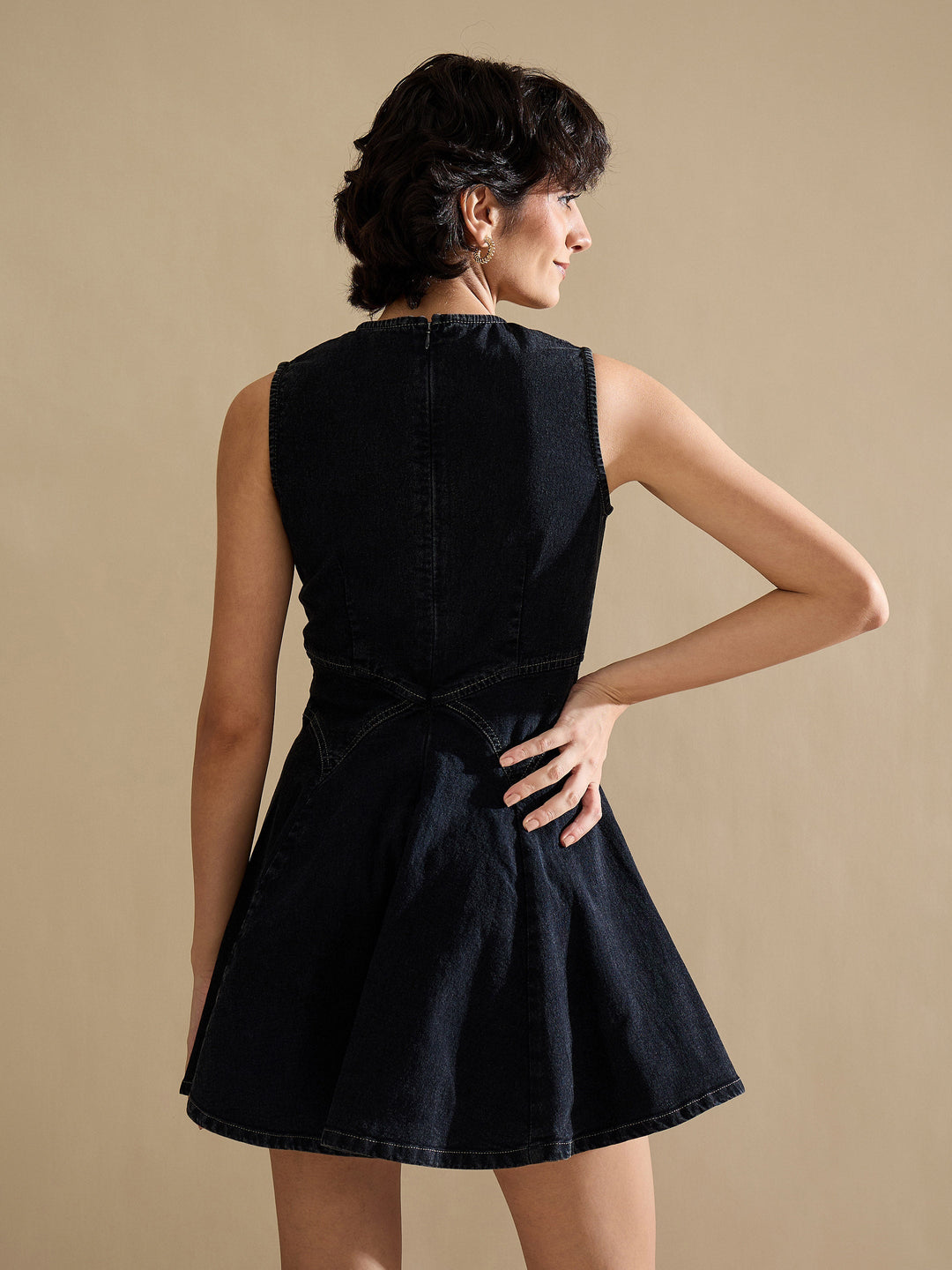 Women Black Denim Round Neck Short Dress