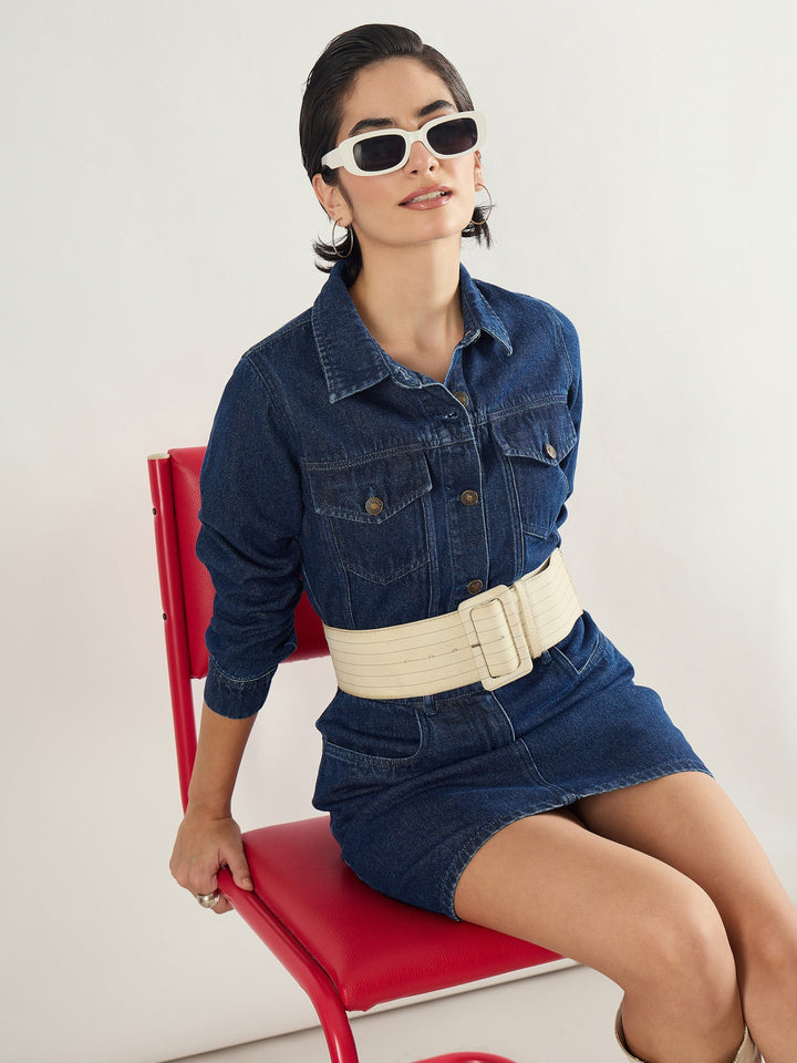 Women Blue Washed Denim Flap Pocket Short Dress