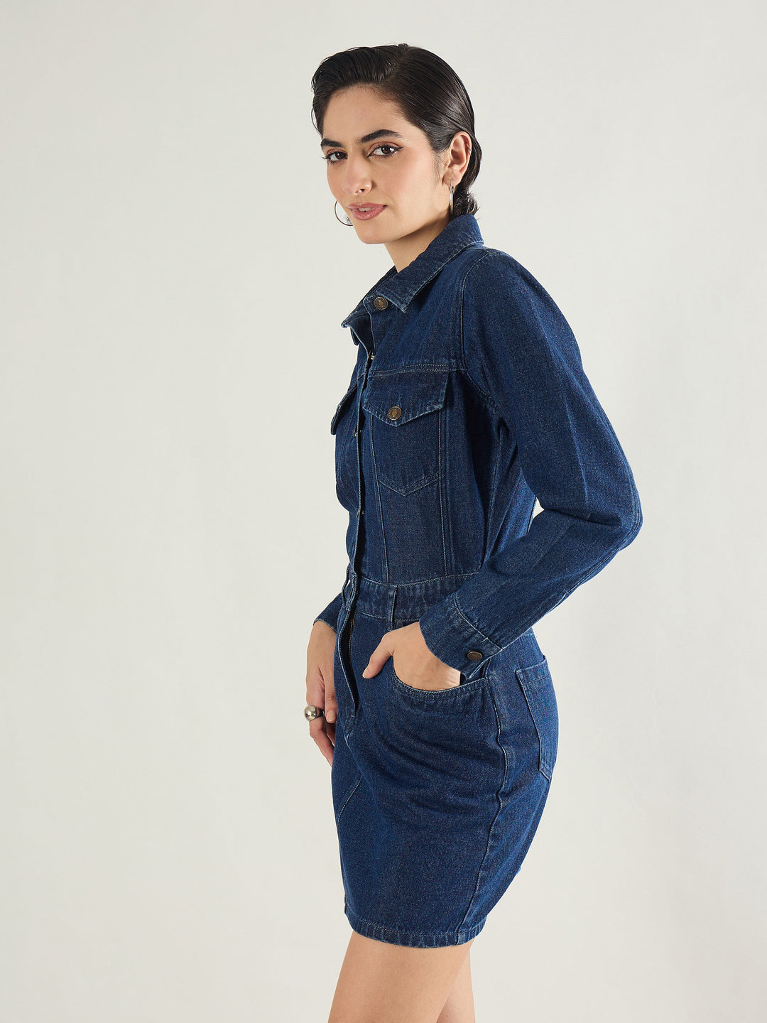 Women Blue Washed Denim Flap Pocket Short Dress