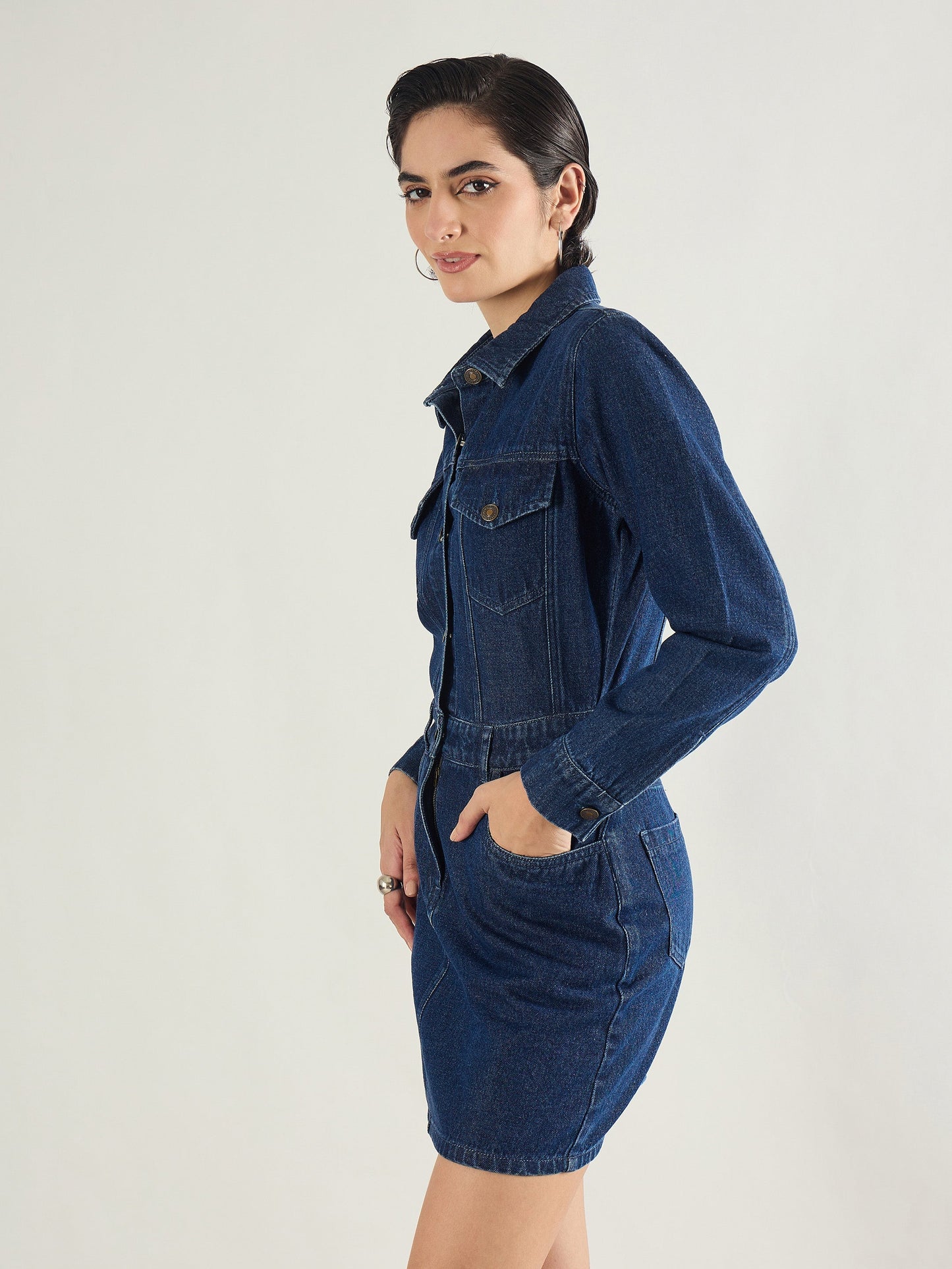 Women Blue Washed Denim Flap Pocket Short Dress