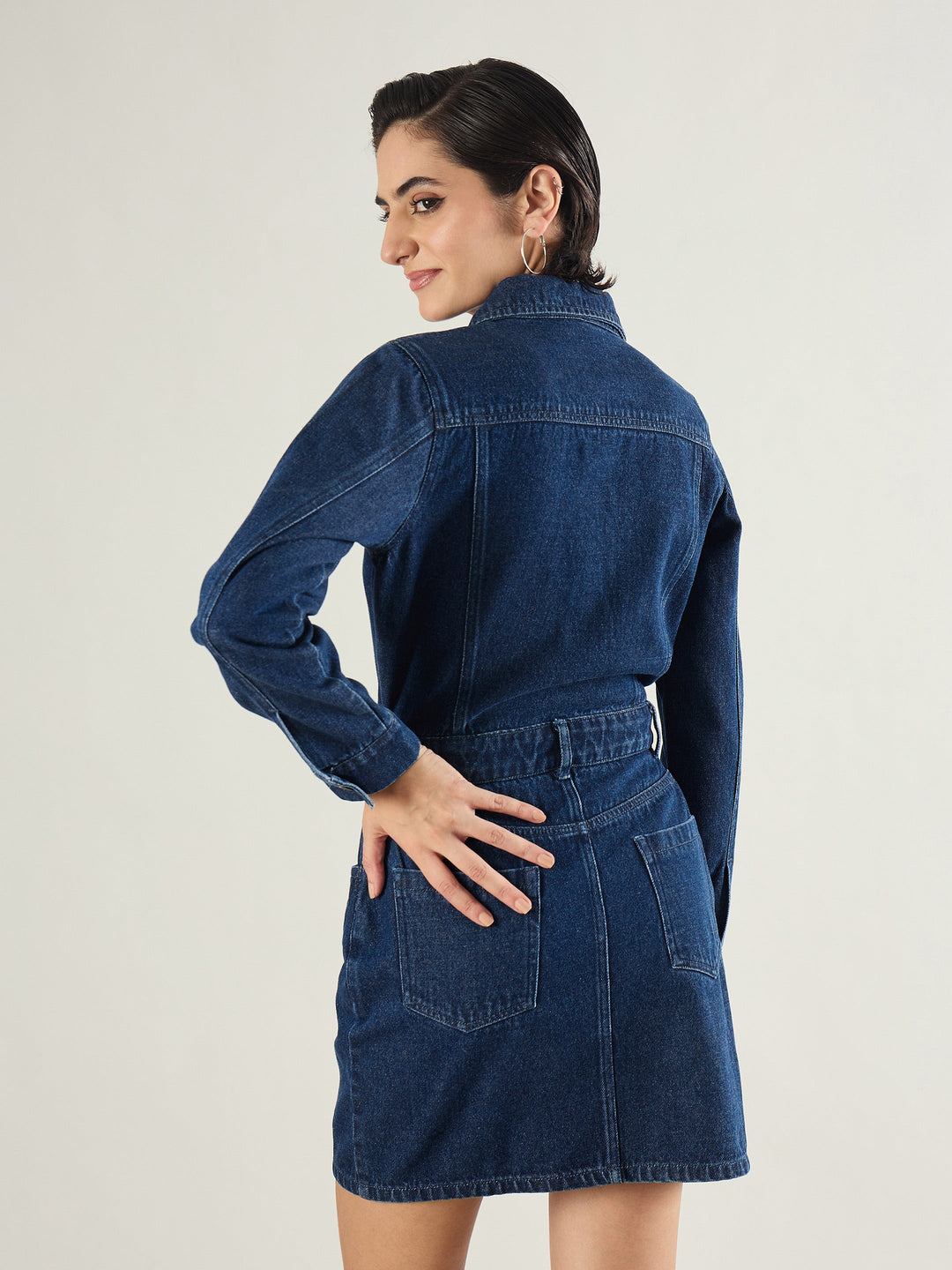 Women Blue Washed Denim Flap Pocket Short Dress
