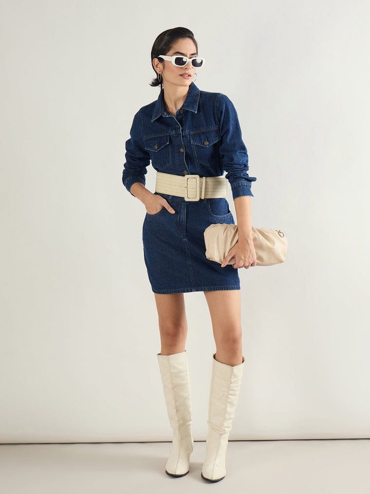 Women Blue Washed Denim Flap Pocket Short Dress