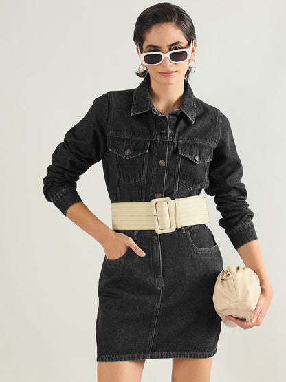 Black Washed Denim Flap Pocket Short Dress