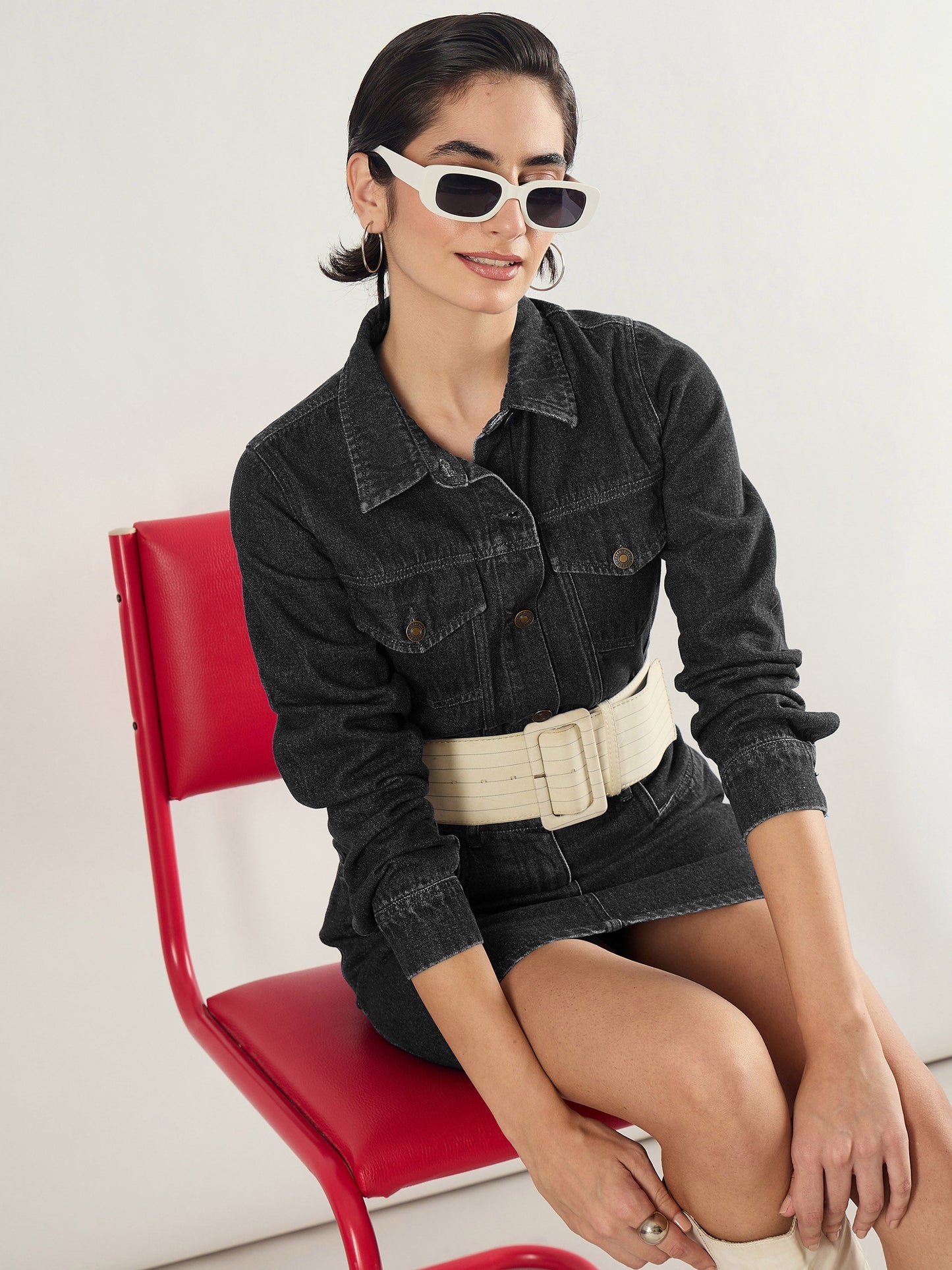 Black Washed Denim Flap Pocket Short Dress
